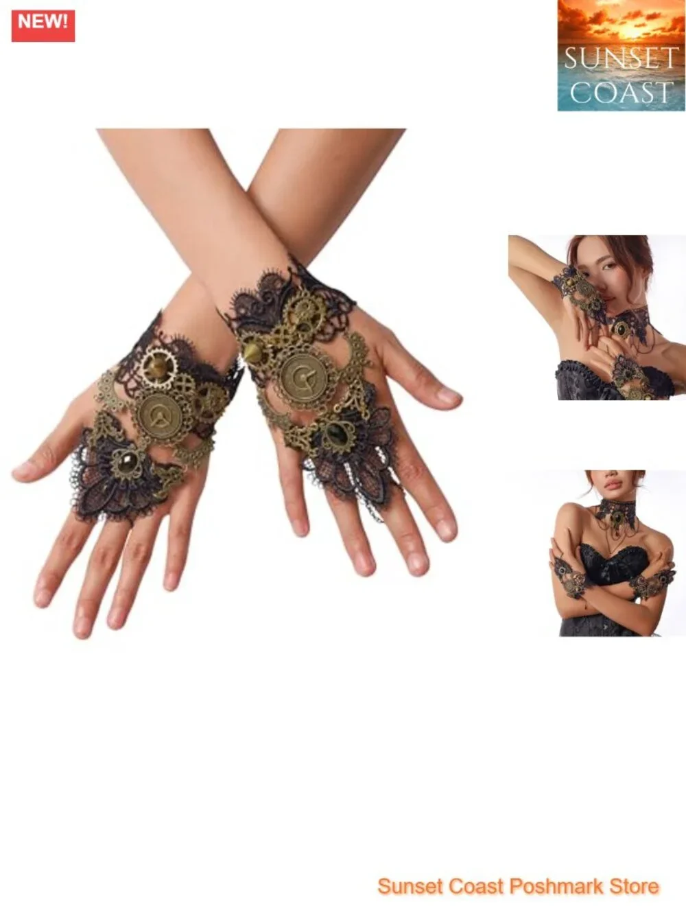 Steampunk Gothic Lace Fingerless Gloves with Zinc Alloy Gears